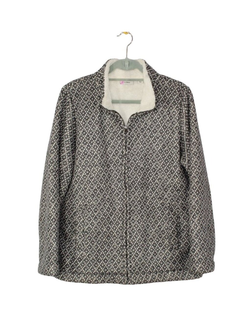 LL Bean Bird Eye Sherpa Fleece Jacket Gray Cream Full Zip Cozy Sweater Large